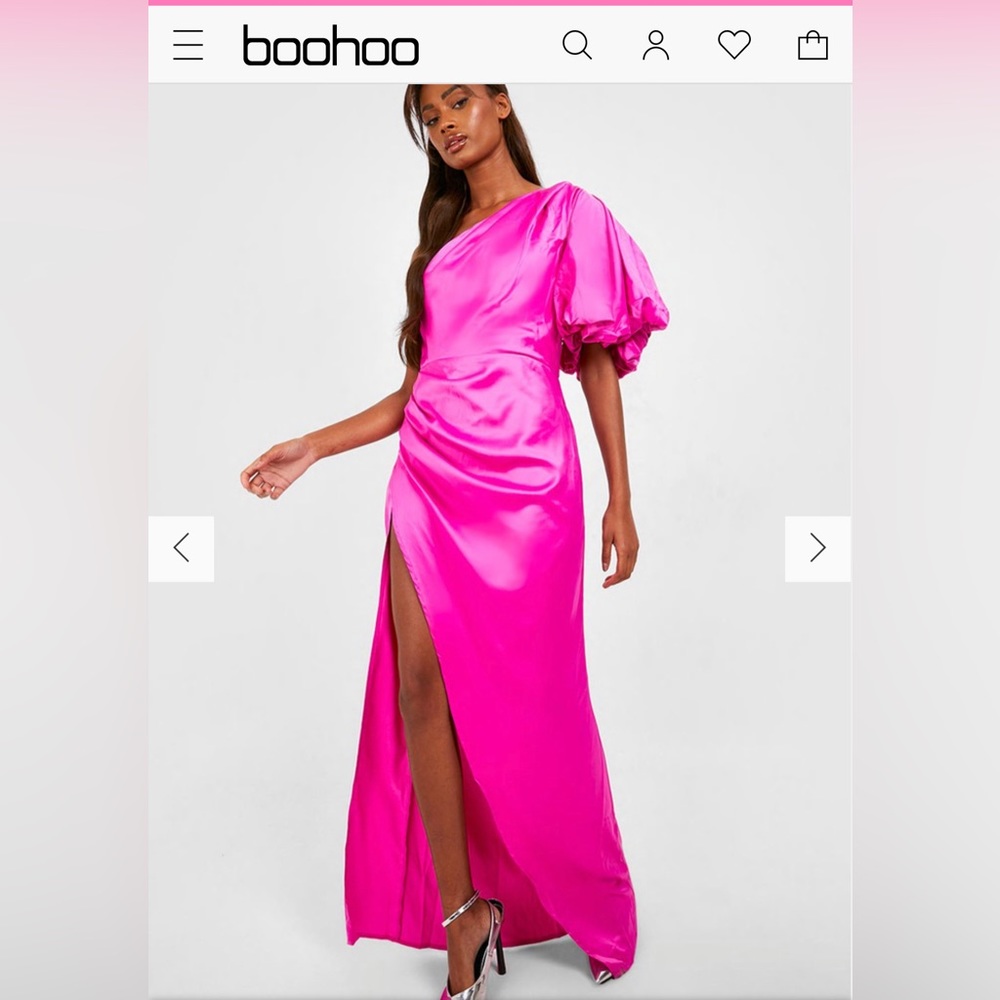 Magenta One Shoulder Puff Sleeve Gala Dress